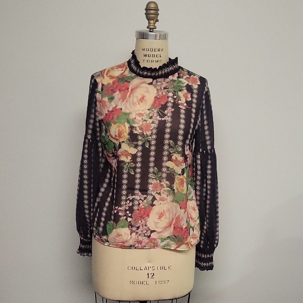 Jealous Tomato Semi-sheer Black and Pink Floral Blouse